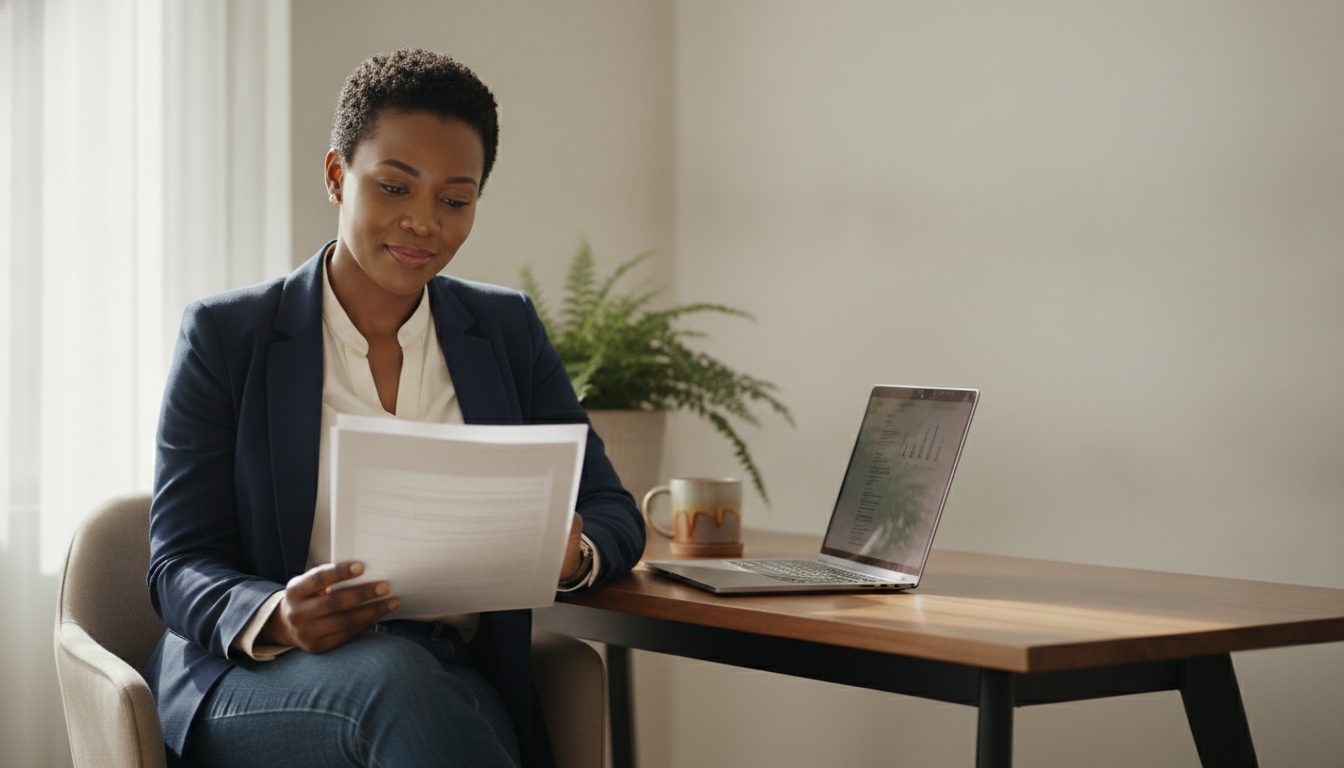 South African small-business owner reviewing tender documents at her desk
